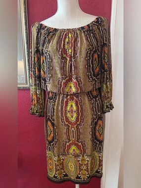 Womens Boho OffPaisley Shift Dress in Brown, Yellow & Orange sz4 gathered waist